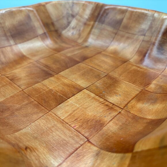 Vintage Large Parquet Wood Square Serving Bowl | Mid Century Thin Handcrafted - Picture 5 of 7